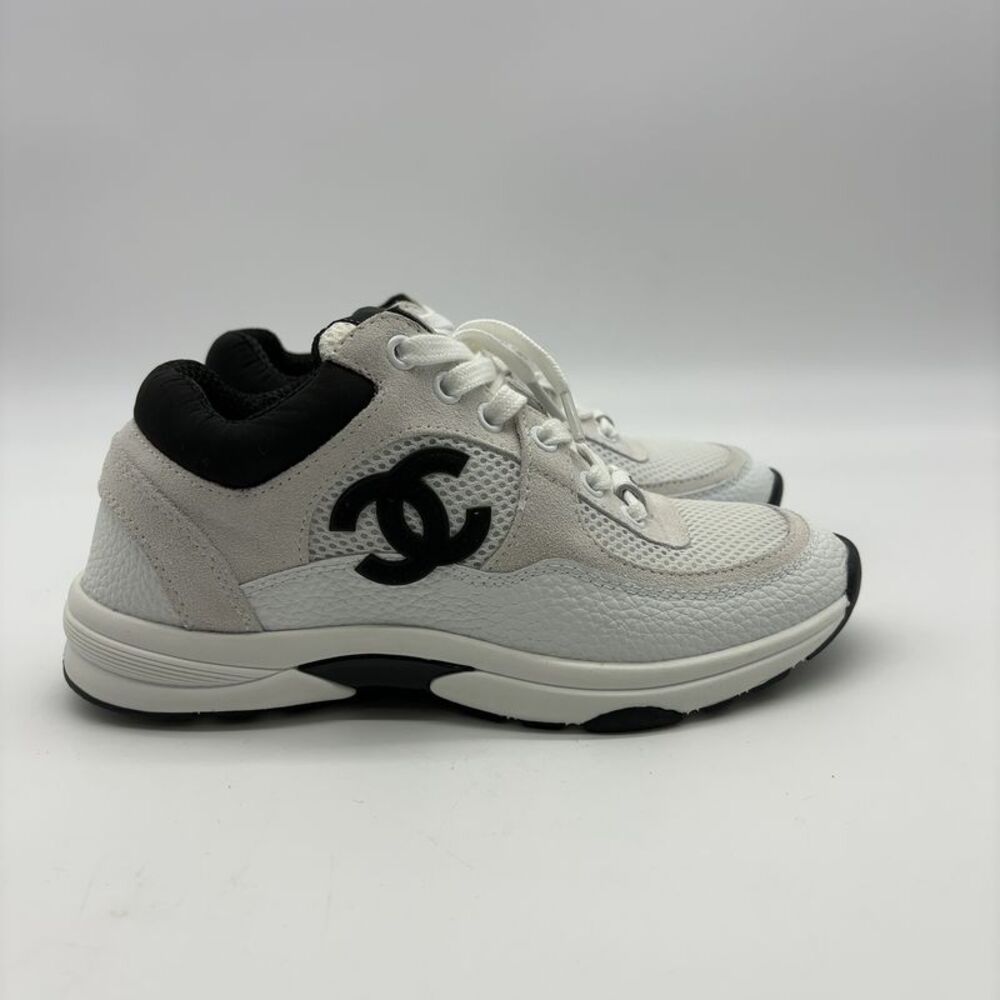 CHANEL White & Black Mesh Leather Sneakers for Women - Picture 3 of 9